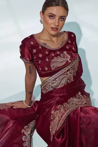 maroon ethnic motifs embroidered organza saree