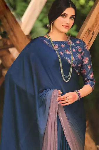 blue ombre beads and stones saree