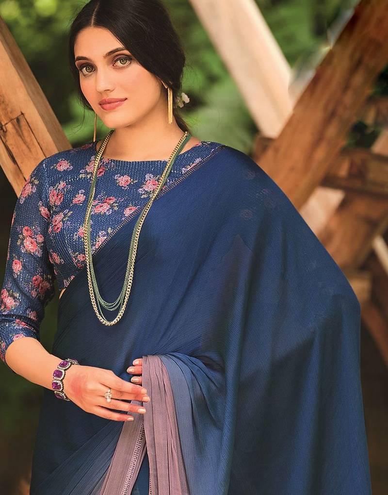 blue ombre beads and stones saree