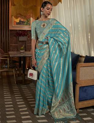 blue blue & gold-toned leheriya zari organza leheriya saree 1