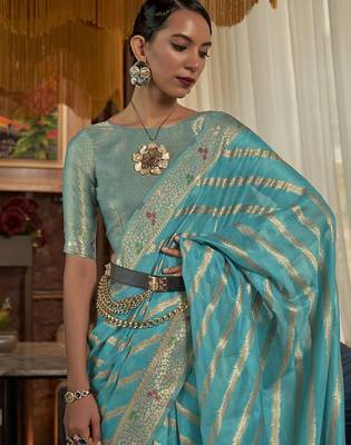 blue blue & gold-toned leheriya zari organza leheriya saree 2