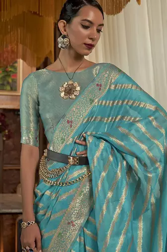 blue blue & gold-toned leheriya zari organza leheriya saree