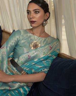 blue blue & gold-toned leheriya zari organza leheriya saree 3