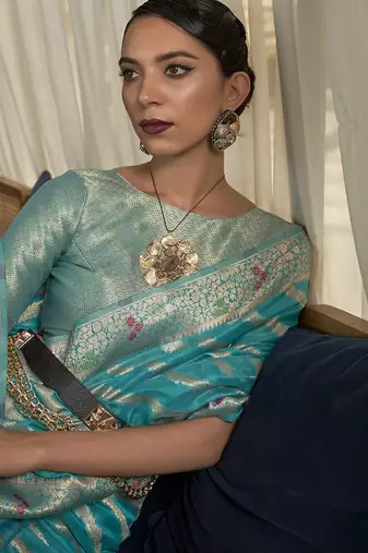 blue blue & gold-toned leheriya zari organza leheriya saree