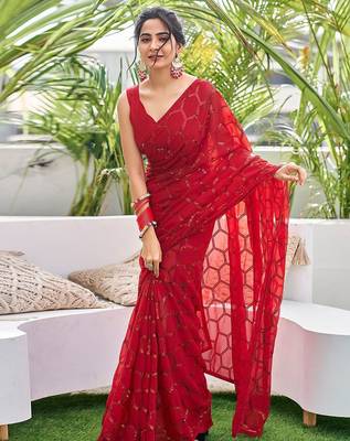 red embellished sequinned saree 1