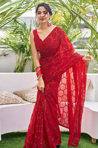 red embellished sequinned saree