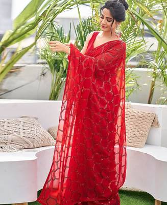 red embellished sequinned saree 2