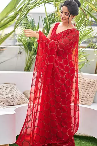 red embellished sequinned saree