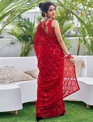 red embellished sequinned saree 3