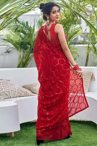 red embellished sequinned saree