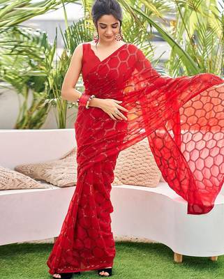 red embellished sequinned saree 4