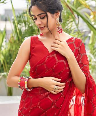red embellished sequinned saree 5