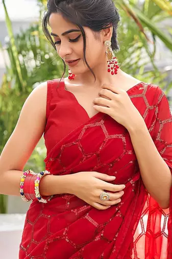 red embellished sequinned saree