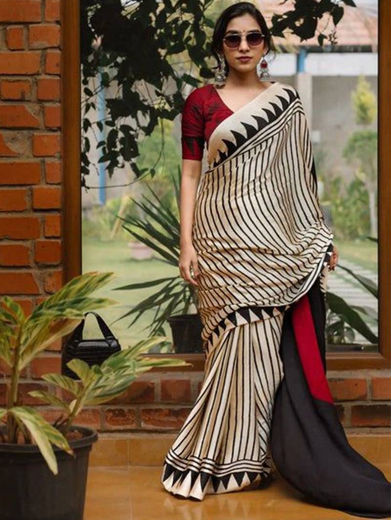 white women satin striped saree