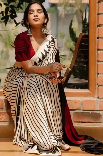 white women satin striped saree