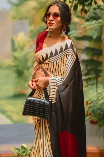 white women satin striped saree
