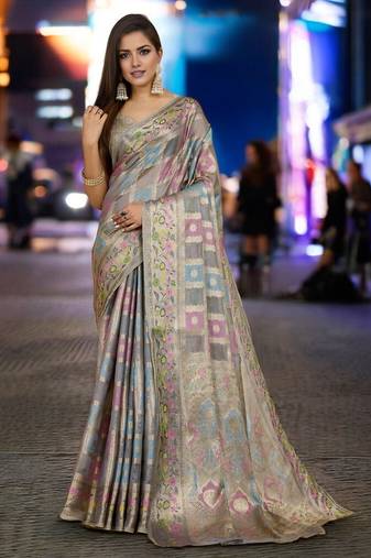 Peach blue floral embroidered sequinned saree