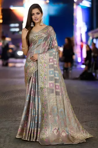 Peach blue floral embroidered sequinned saree