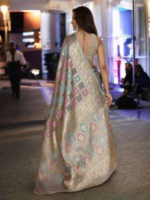 Peach blue floral embroidered sequinned saree 3