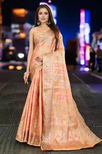 peach checked woven design zari organza banarasi saree