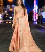 peach checked woven design zari organza banarasi saree