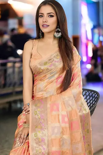 peach checked woven design zari organza banarasi saree