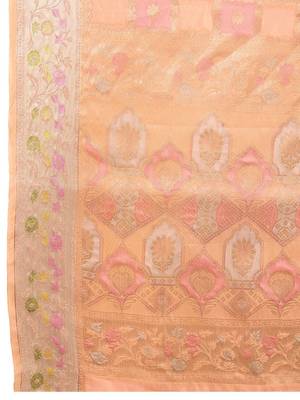 peach checked woven design zari organza banarasi saree 5
