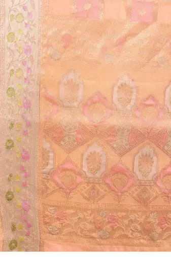 peach checked woven design zari organza banarasi saree