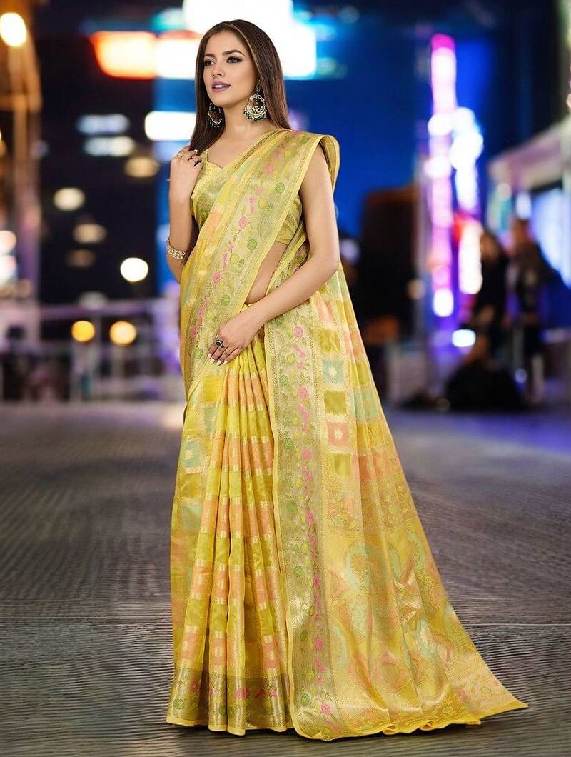 Off white teal floral embroidered pure chiffon tussar saree