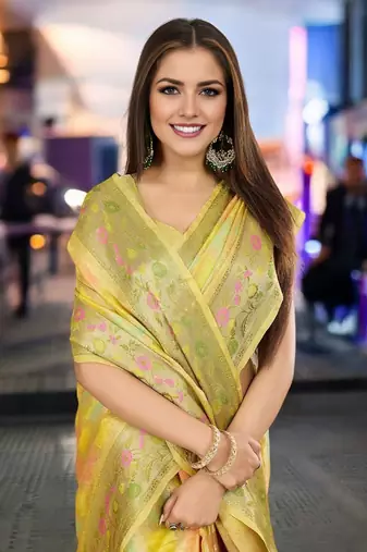 Off white teal floral embroidered pure chiffon tussar saree