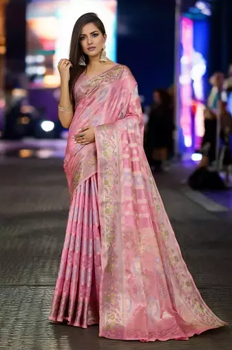 Pink purple floral embroidered pure chiffon tussar saree