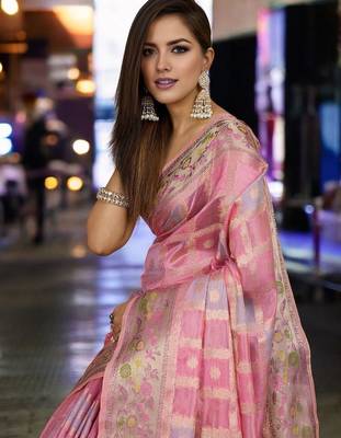 Pink purple floral embroidered pure chiffon tussar saree 3