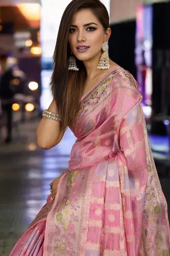 Pink purple floral embroidered pure chiffon tussar saree