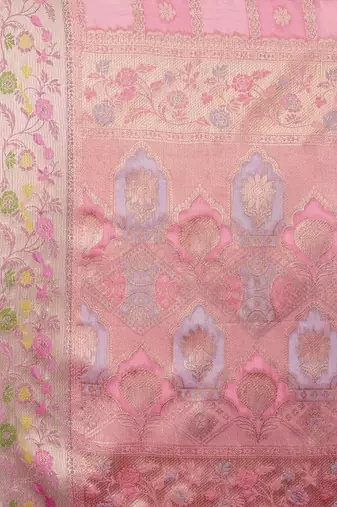 Pink purple floral embroidered pure chiffon tussar saree