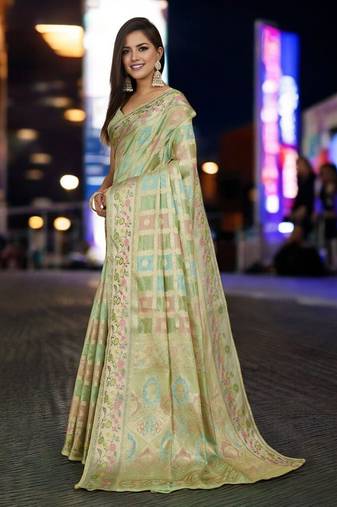 green checked zari organza handloom banarasi saree