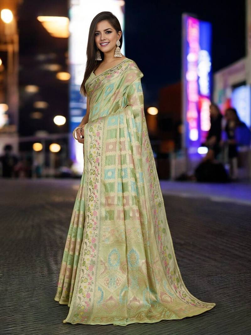 green checked zari organza handloom banarasi saree