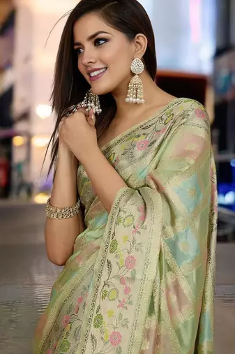 green checked zari organza handloom banarasi saree