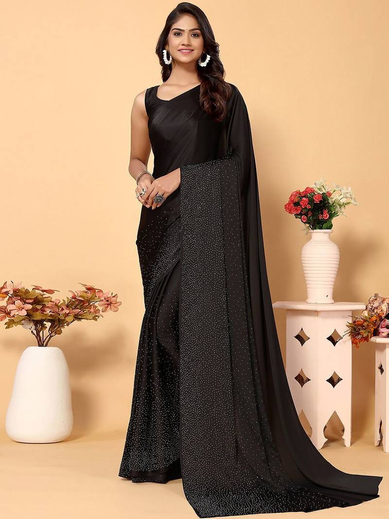 black black embellished beads and stones satin saree