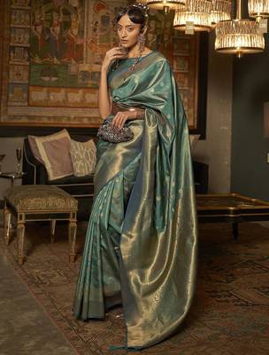 teal teal & gold-toned ethnic motifs zari bagru saree 1