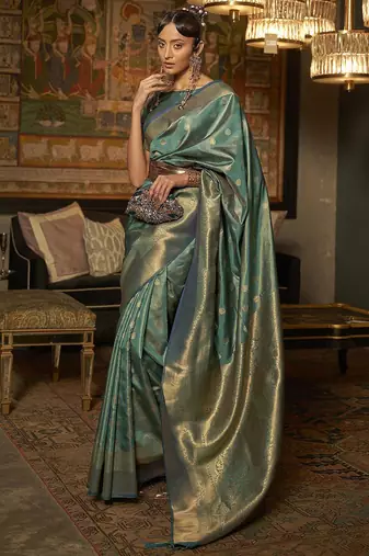 teal teal & gold-toned ethnic motifs zari bagru saree