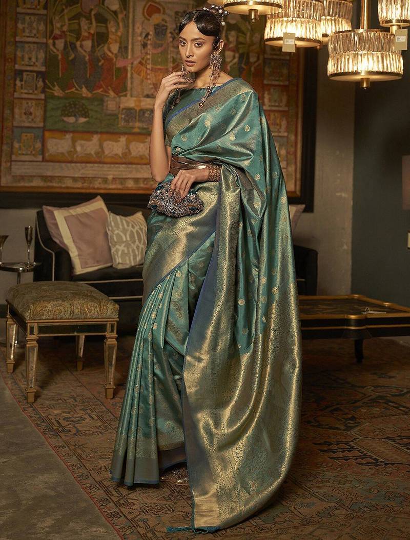 teal teal & gold-toned ethnic motifs zari bagru saree