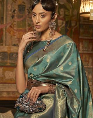 teal teal & gold-toned ethnic motifs zari bagru saree 2