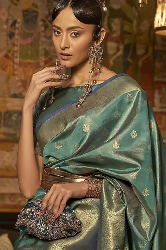 teal teal & gold-toned ethnic motifs zari bagru saree