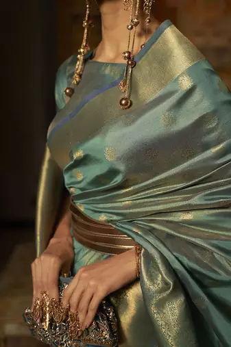 teal teal & gold-toned ethnic motifs zari bagru saree
