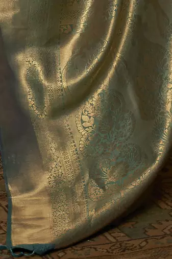 teal teal & gold-toned ethnic motifs zari bagru saree