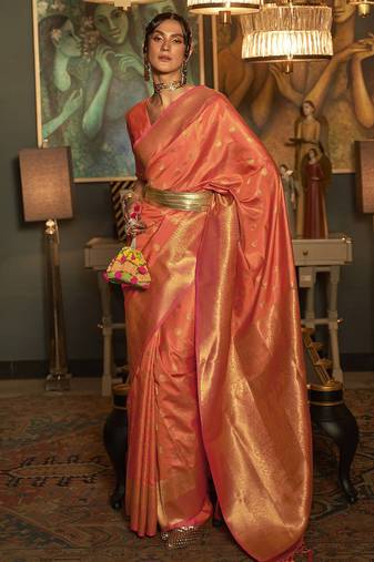 peach peach-coloured & gold-toned bagh zari bagru saree