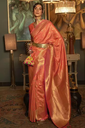 peach peach-coloured & gold-toned bagh zari bagru saree