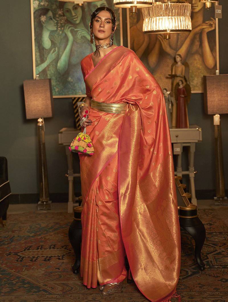 peach peach-coloured & gold-toned bagh zari bagru saree