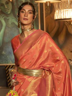 peach peach-coloured & gold-toned bagh zari bagru saree 2