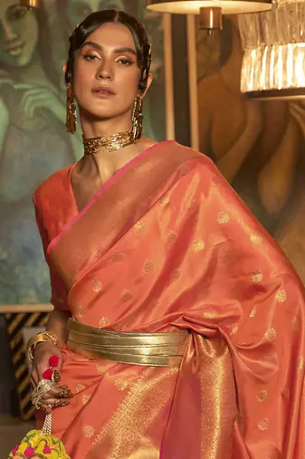 peach peach-coloured & gold-toned bagh zari bagru saree